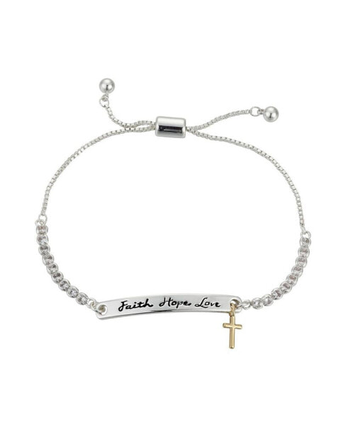 Cubic Zirconia Faith Hope Love Cross Bolo Bracelet in Sterling Silver-Plate & Gold-Tone-Plate