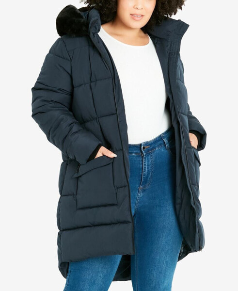 Plus Size Contrast Zip Faux Fur Trim Coat