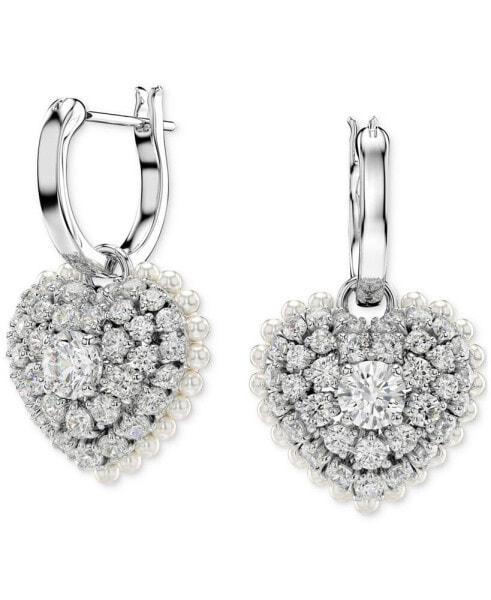 Rhodium-Plated Crystal & Imitation Pearl Heart Charm Hoop Earrings