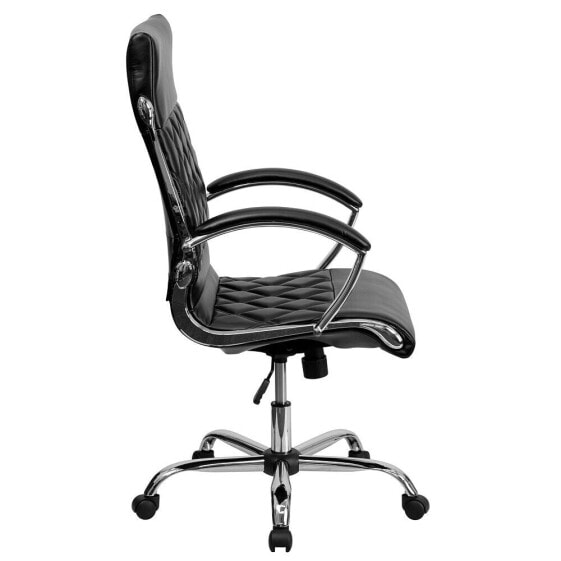 High Back Designer Black Leather Executive Swivel Chair With Chrome Base And Arms