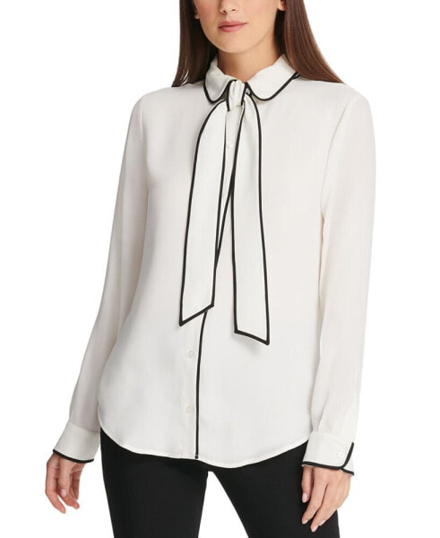 Petite Piped-Trim Button-Up Blouse, Created for Macy's