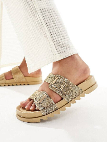 Glamorous rhinestone double strap slides in gold