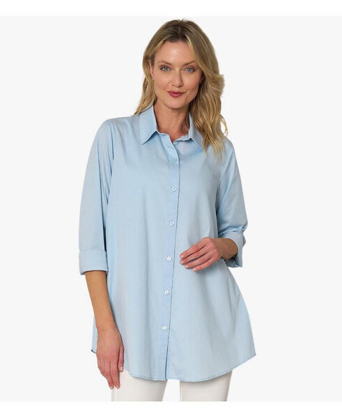Women's Cotton Poplin Button-Front A-Line Shirt Top Prime Time Tunic