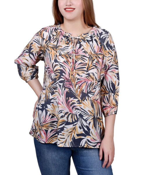 Petite 3/4 Sleeve Drawstring Neck Blouse Top