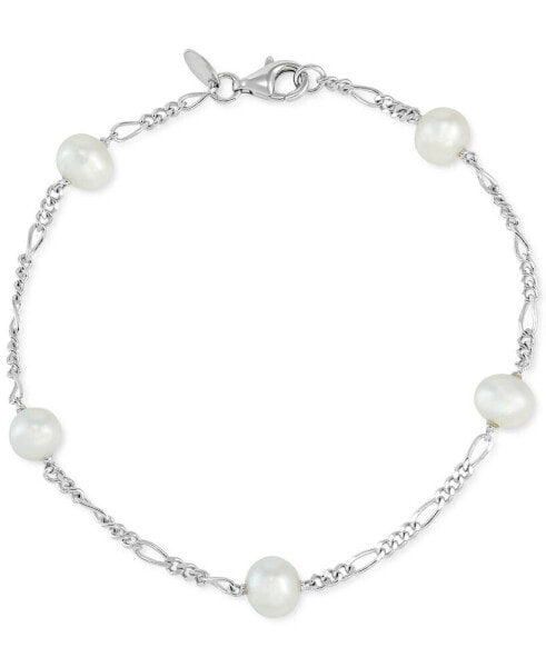 Cultured Freshwater Potato Pearl (6 - 6-1/2mm) Station Figaro Link Bracelet in Sterling Silver