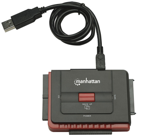 Manhattan USB-A to SATA/IDE Adapter Cable - 3-in-1 with One-Touch Backup - Male to Male - 1.5m - 480 Mbps (USB 2.0) - Hi-Speed USB - Black (With Euro 2-pin plug) - Three Year Warranty - Blister - USB Type-A - SATA - Black - SATA 1.0 FCC CE EuP WEEE - 12 V - 70 mm