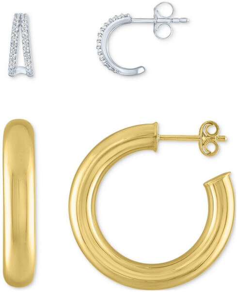 2-Pc. Set Diamond & Polished Small Hoop Earrings in Sterling Silver & 14k Gold-Plate