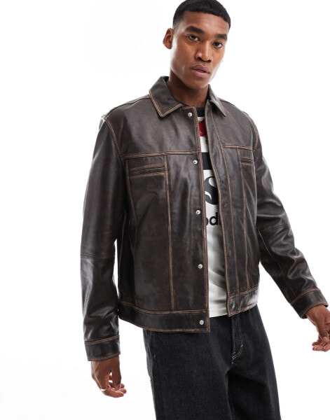 ASOS DESIGN Premium real leather western jacket in brown