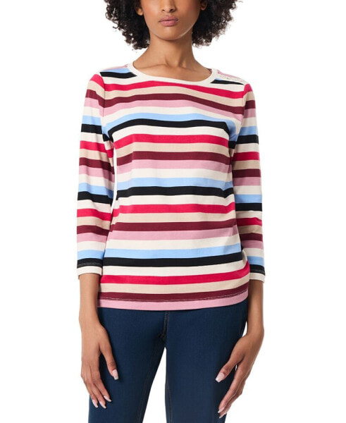 Petite Striped Button-Shoulder 3/4-Sleeve Top