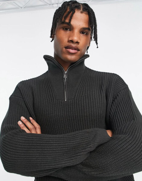 New Look 1/4 zip fisherman ribbed funnel neck jumper in dark grey