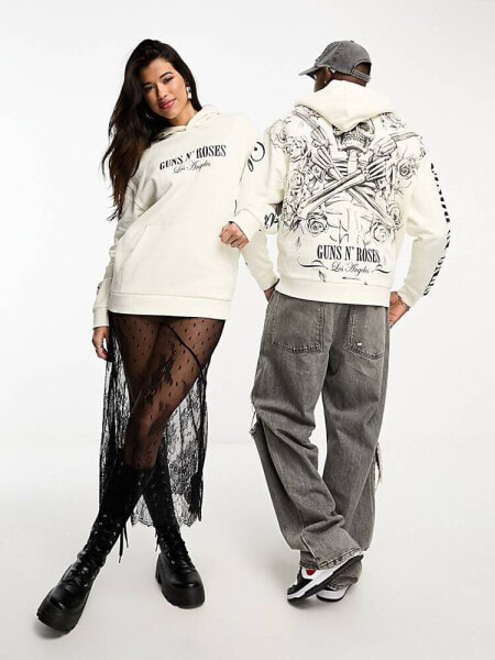 ASOS DESIGN unisex oversized hoodie with large Guns N' Roses graphics in beige