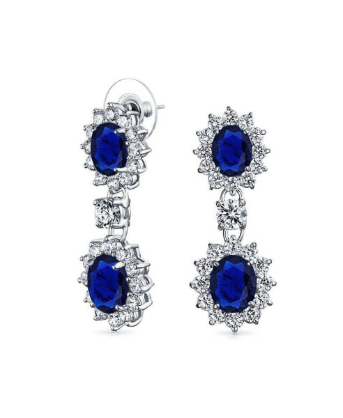 Art Deco Style Crown Halo Oval Cubic Zirconia Simulated Blue Sapphire AAA CZ Fashion Dangle Drop Earrings For Prom Bridesmaid Wedding Rhodium Plated