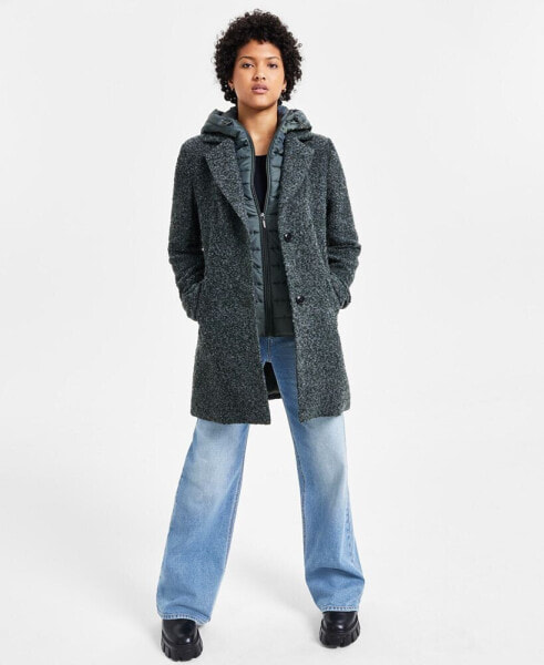 Juniors' Mixed-Media Bibbed Bouclé Coat