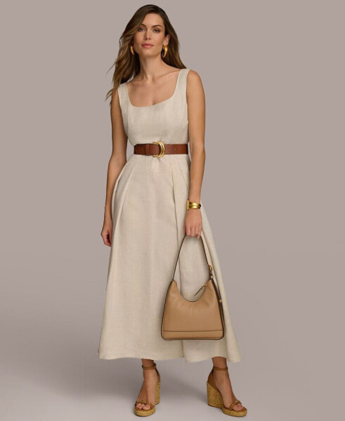 Women's Belted Linen-Blend Sleeveless Fit & Flare Dress