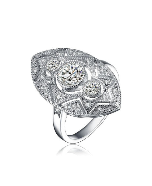 Sterling Silver Clear Round Cubic Zirconia Filigree Ring