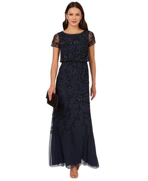 Women's Floral Bead Embellished Blouson Short-Sleeve Gown