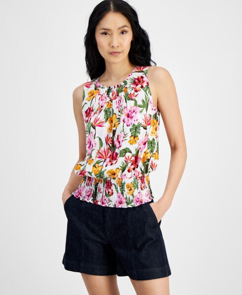 Women's Printed Sleeveless Smocked Tank Top, Created for Macy's