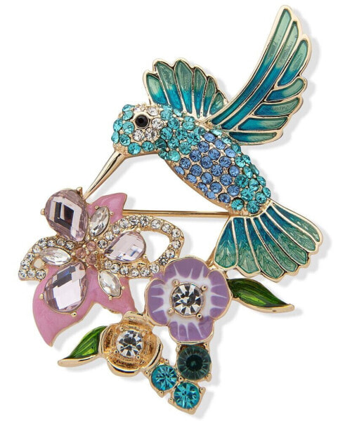 Gold-Tone Crystal Hummingbird & Flower Pin