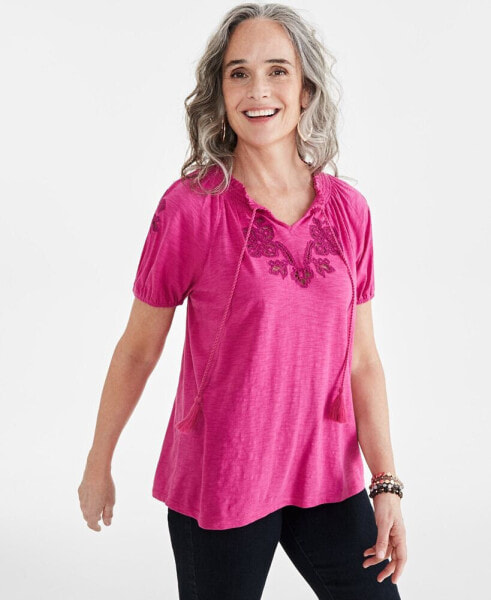 Petite Sandy Embroidery Vacay Top, Created for Macy's