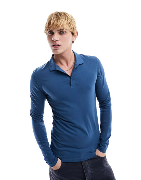 ASOS DESIGN long sleeve muscle fit polo in blue