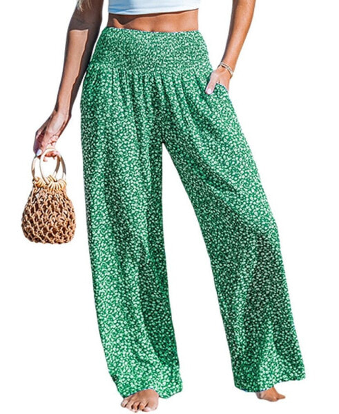 Women's Green Ditsy Smocked Waist Loose Fit Pants