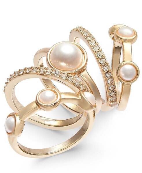 Gold-Tone 5-Pc. Set Pavé & Imitation Pearl Stackable Rings, Created for Macy's