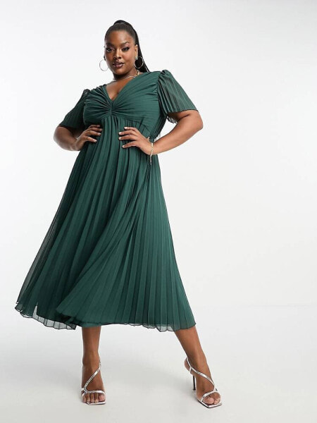 ASOS DESIGN Curve pleated bodice flutter sleeve pleat midi dress in pine green