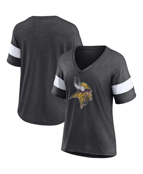 Women's Heathered Charcoal, White Minnesota Vikings Distressed Team Tri-Blend V-Neck T-shirt