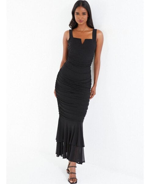 Women's Black Mesh Notch Neck Maxi Dress