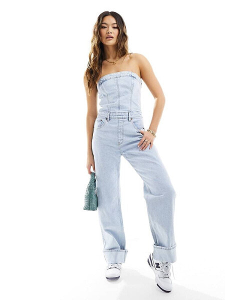 Abercrombie & Fitch strapless denim jumpsuit in light wash blue