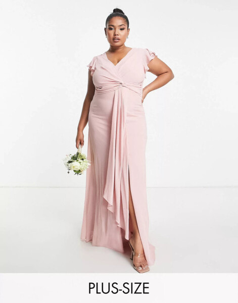 TFNC Plus Bridesmaid flutter sleeve ruffle detail maxi dress in blush