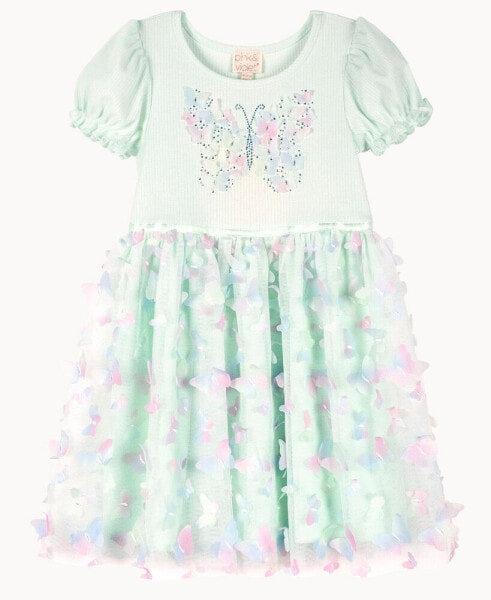 Платье для малышей Pink & Violet Солиднотельный ребристый лепесток с бабочкой пурпурно-розовое 3D юбка с бабочкой