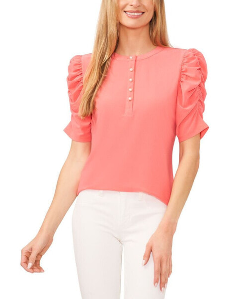 Women's Ruched Puff-Sleeve Henley Knit Top