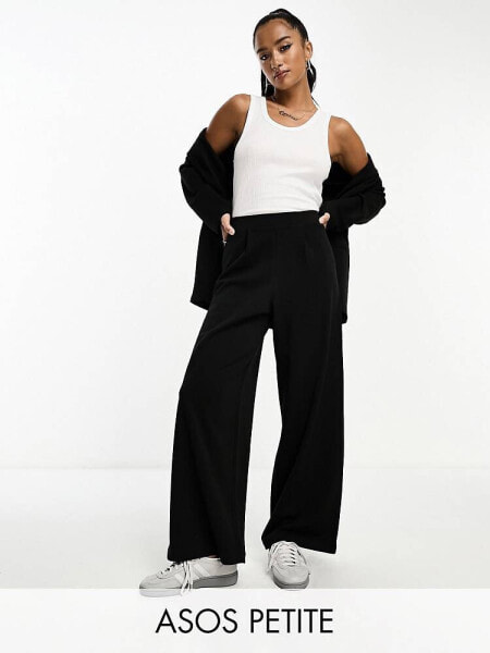 ASOS DESIGN Petite wide leg tailored jersey suit trouser in black