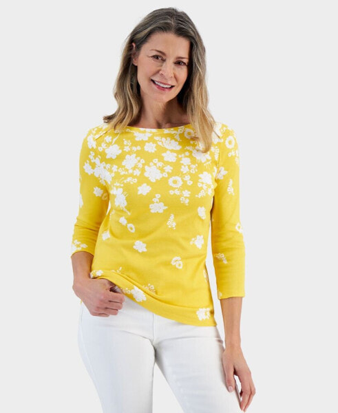 Women's Printed Pima Cotton Boat-neck 3/4-Sleeve Top, Created for Macy's