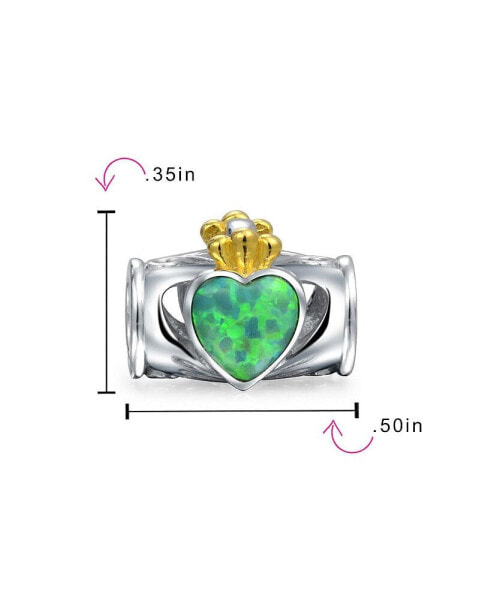 Green Created Opal Couples BFF Heart Crown Irish Claddagh Charm Bead For Women For Teen Two Tone .925 Sterling Silver Fits European Bracelet