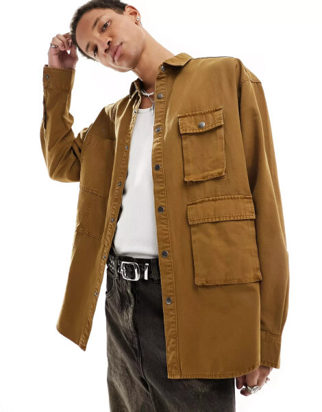 ASOS DESIGN volume oversized shirt with panel detailing and cargo pockets in rust