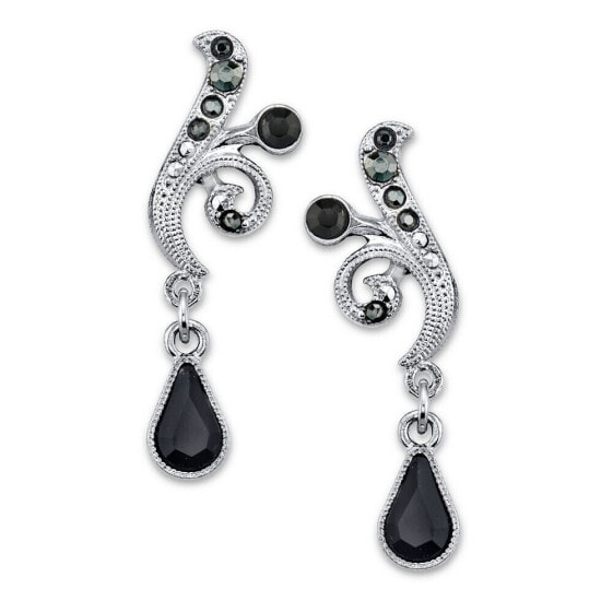 Silver-Tone Black and Hematite Color Crystal Vine Drop Earrings