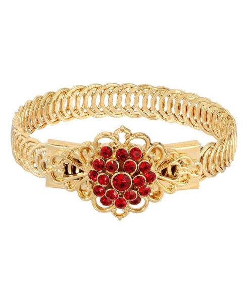 14K Gold-tone Siam Red Flower Overlay Belt Bracelet