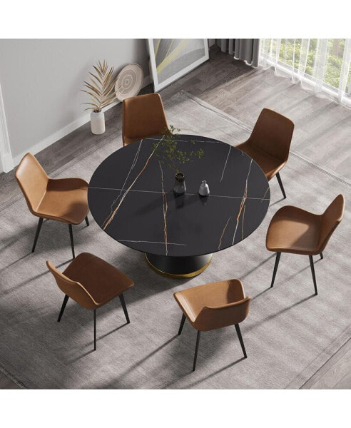 59.05" Modern Artificial Stone Round Black Carbon Steel Base Dining Table-Can Accommodate 6 People