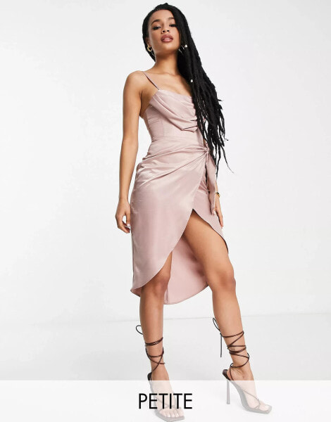 First Distraction the label Petite satin midi dress with wrap skirt in blush