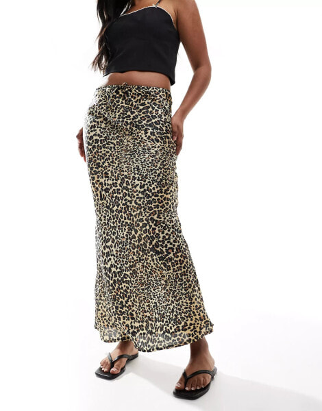 Stradivarius satin bias midi skirt in leopard print