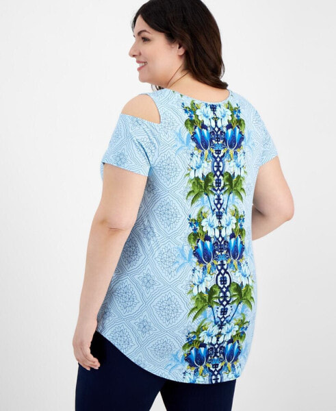 Plus Size Julia Jungle Cold-Shoulder Top, Created for Macy's