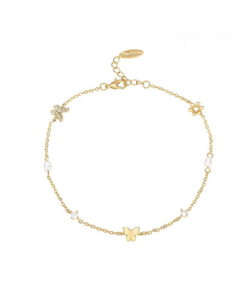 18K Gold Plated Butterfly Imitation Pearl Anklet