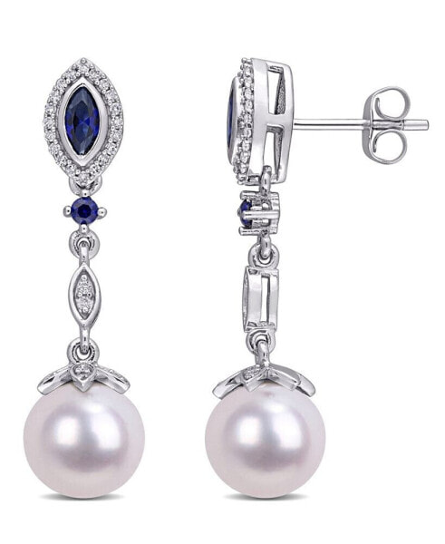 Freshwater Cultured Pearl (8.5-9mm), Created Sapphire (1/3 ct. t.w.) and Diamond (1/5 ct. t.w.) Drop Earrings in 10k White Gold
