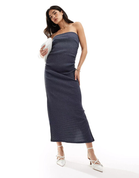 Y.A.S stretch textured denim look beandeau maxi dress in dark blue