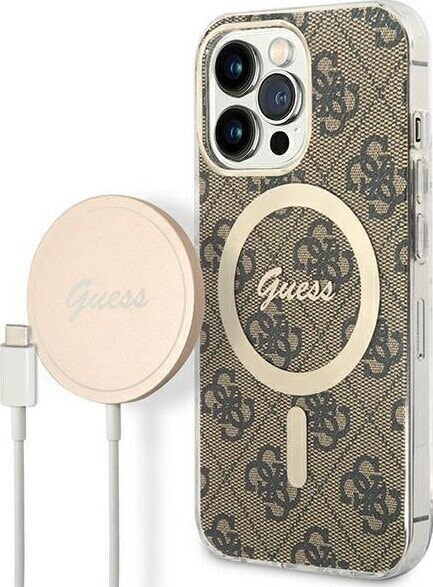 Guess Guess zestaw ładowarka MagSafe + etui do iPhone 13 Pro Max 6,7" brązowe 4G Print (GUBPP13XH4EACSW)