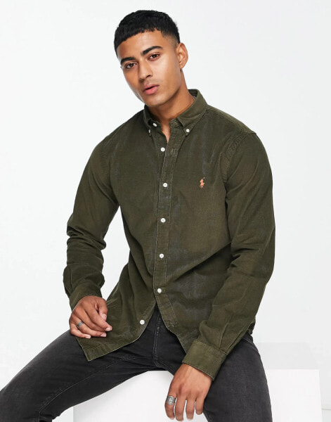 Polo Ralph Lauren icon logo fine cord slim fit shirt button down in dark green