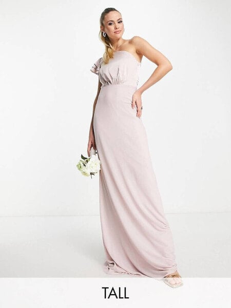 TNFC Tall Bridesmaid ruffle shoulder maxi dress in mink pink
