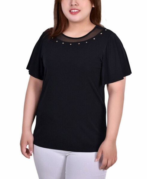 Plus Size Short Sleeve Knit Top with Sheer Inset